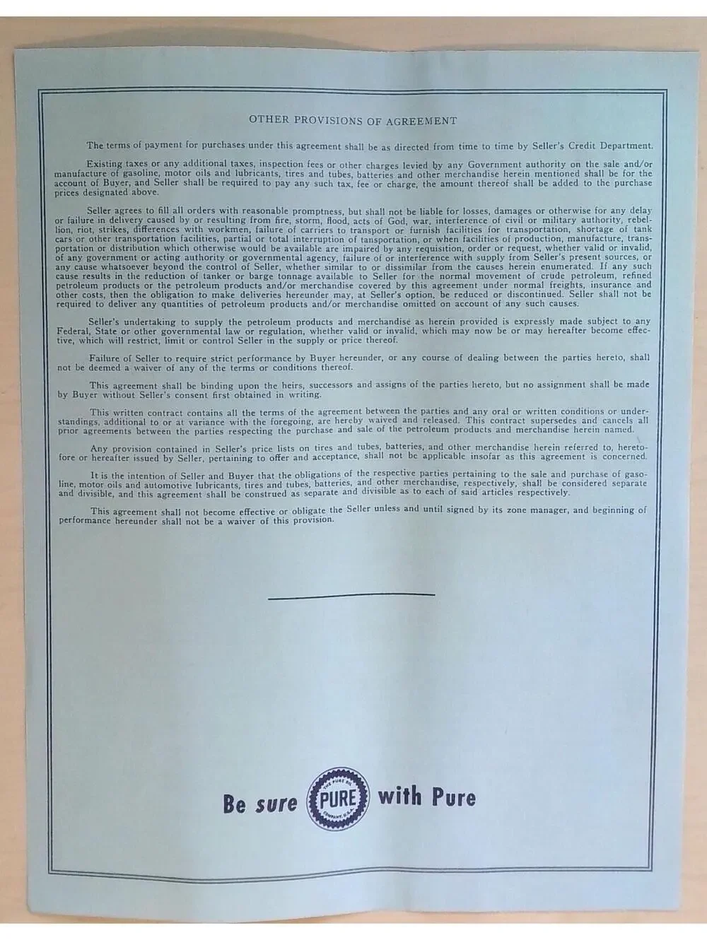 Vintage 1940s-50s Pure Oil Company Consumer Contract Gas Oil Ephemera Paper